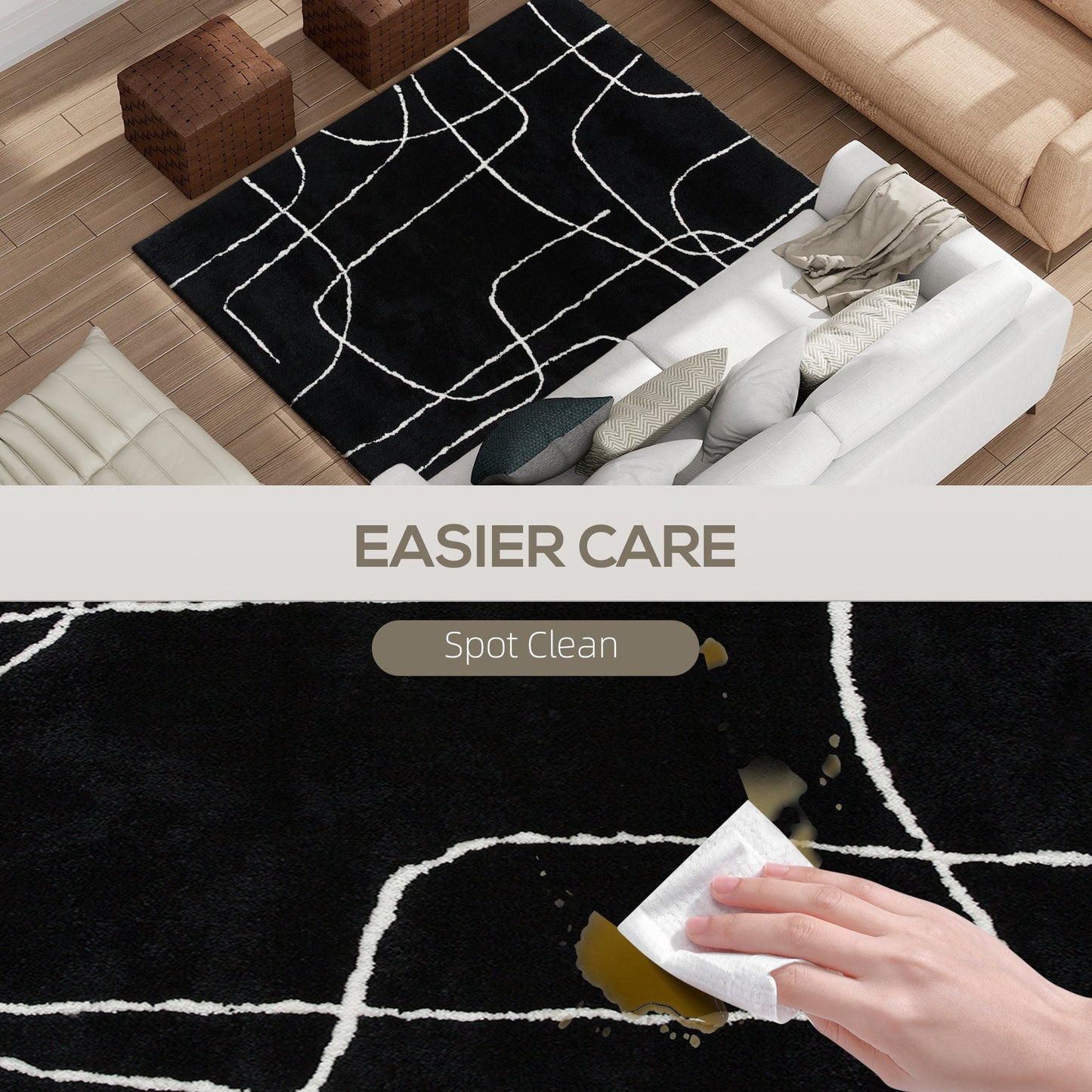 HOMCOM Modern Fluffy Area Rug, Geometric Pattern Washable Rug, Soft High Pile Floor Carpet for Living Room, Bedroom, Dining Room, Home Office, 170 x 120 cm, Black