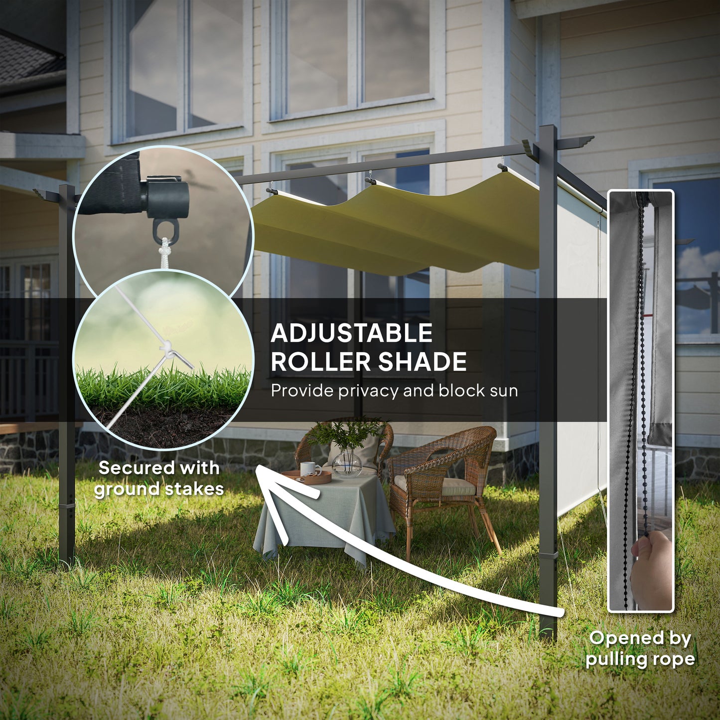 Outsunny 3 x 4m Metalowa pergola z chowanym dachem i roletą, montowana na ścianie lub wolnostojąca ogrodowa altana z baldachimem, UPF30+ zewnętrzna osłona przeciwsłoneczna, beżowa