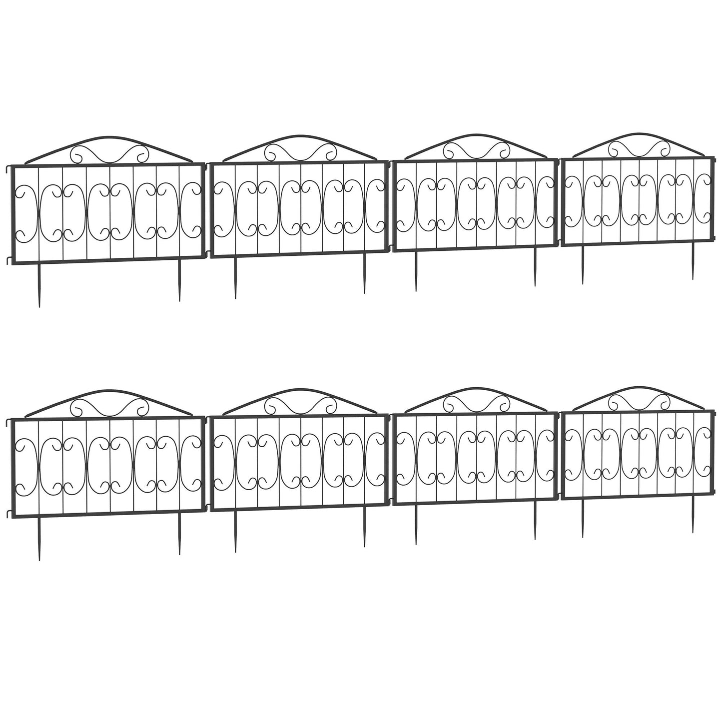 Outsunny Decorative Garden Fencing, 8PCs Outdoor Picket Fence Panels, Rustproof Metal Wire Landscape Flower Bed Border Edging Animal Barrier, Black