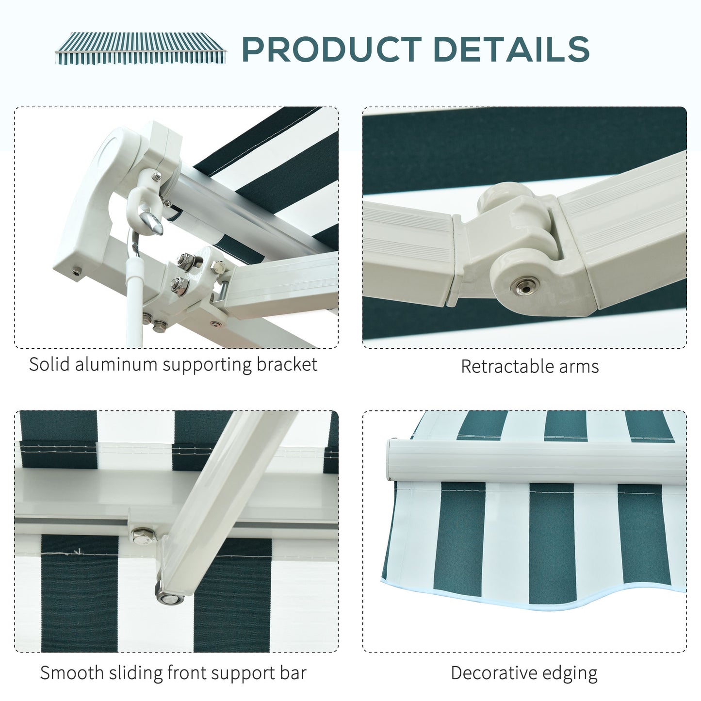 Outsunny 3 x 2.5m Patio Awning, Anti-UV and Waterproof Sun Shade Canopy with Chain Drive and Hand Crank, Green/White Stripes