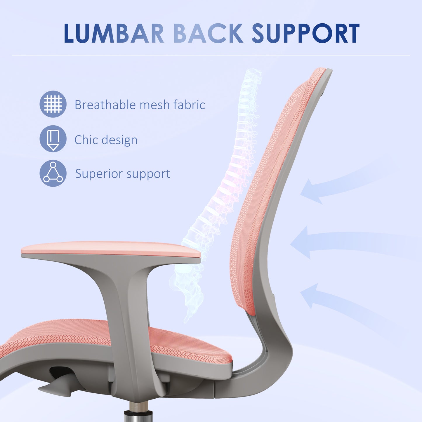 Vinsetto Office Chair, Breathable Mesh Swivel Desk Chair with Adjustable Height and 360 Degree Swivel Security Wheels for Home Office, Study, Pink