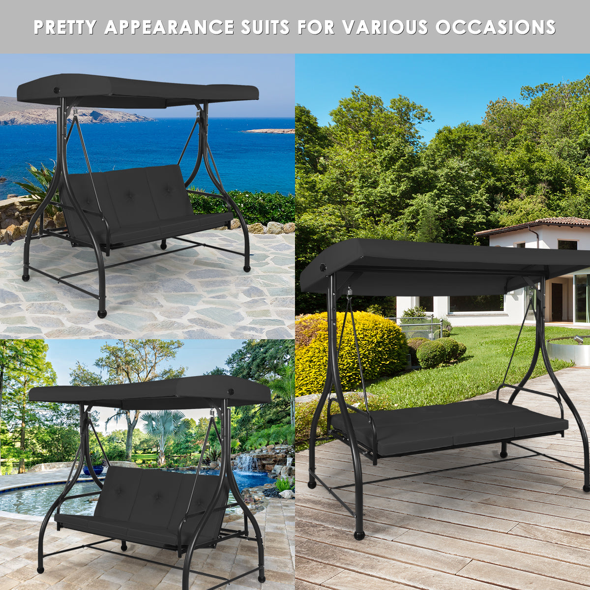 3 Seater Garden Swing Chair with Adjustable Canopy and Cushions-Black