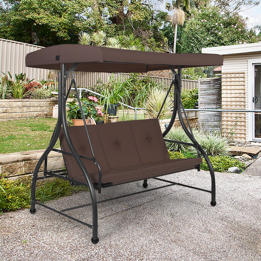 3 Seater Garden Swing Chair with Adjustable Canopy and Cushions-Brown