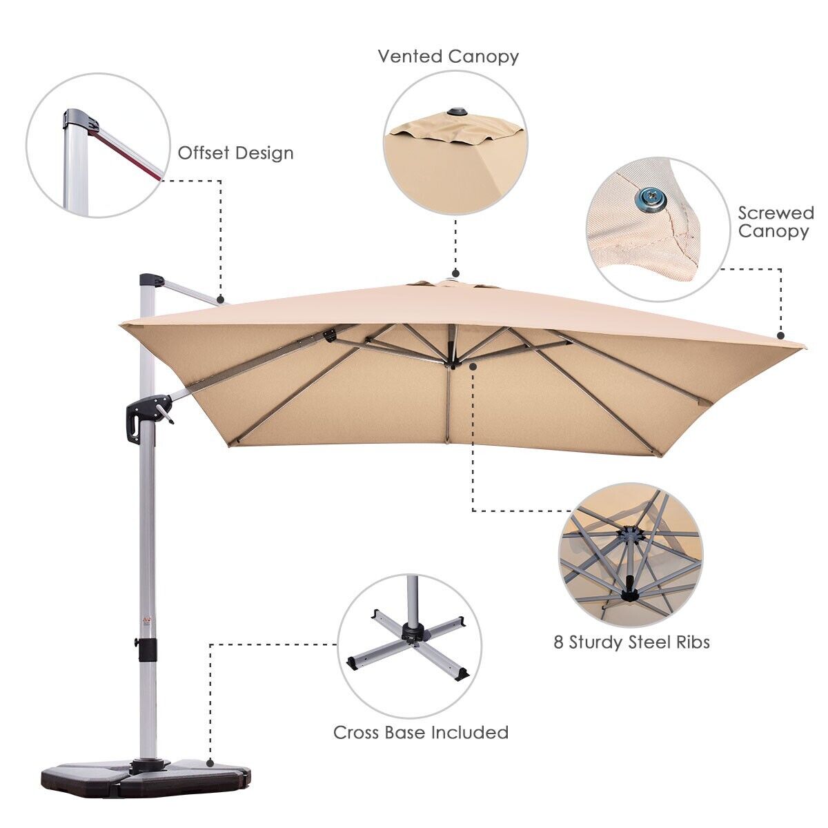 3m parasol ogrodowy z wysięgnikiem z pochyloną konstrukcją i obrotem 360° - beżowy