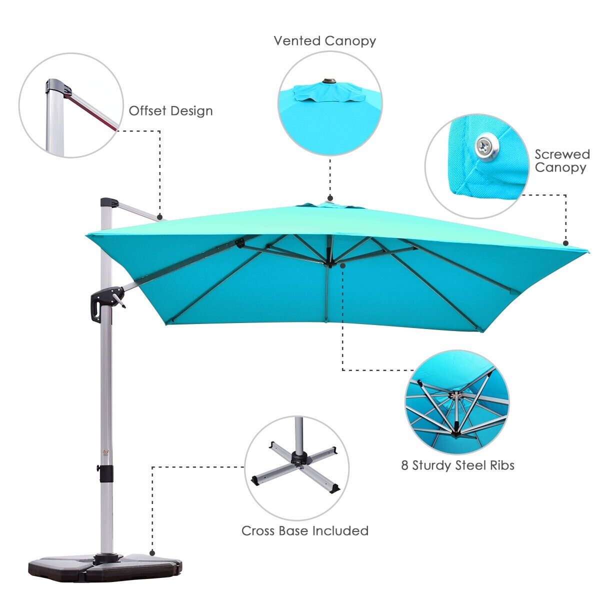 3m Cantilever Garden Parasol with Tilted Design and 360° Rotation-Turquoise