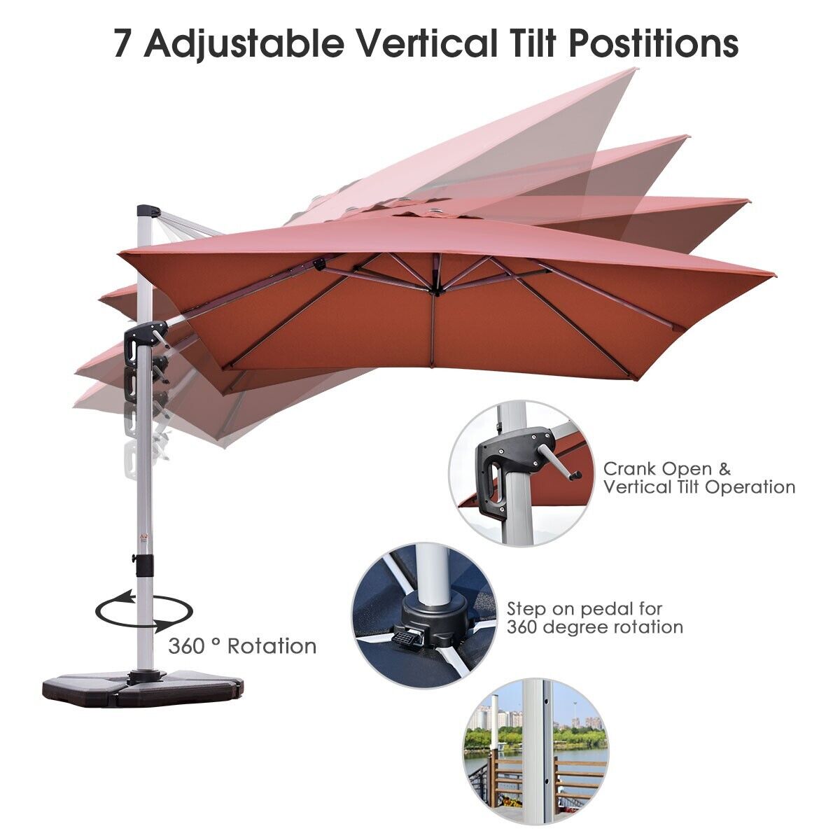 3m parasol ogrodowy z wysięgnikiem z pochyloną konstrukcją i obrotem 360° - bordowy