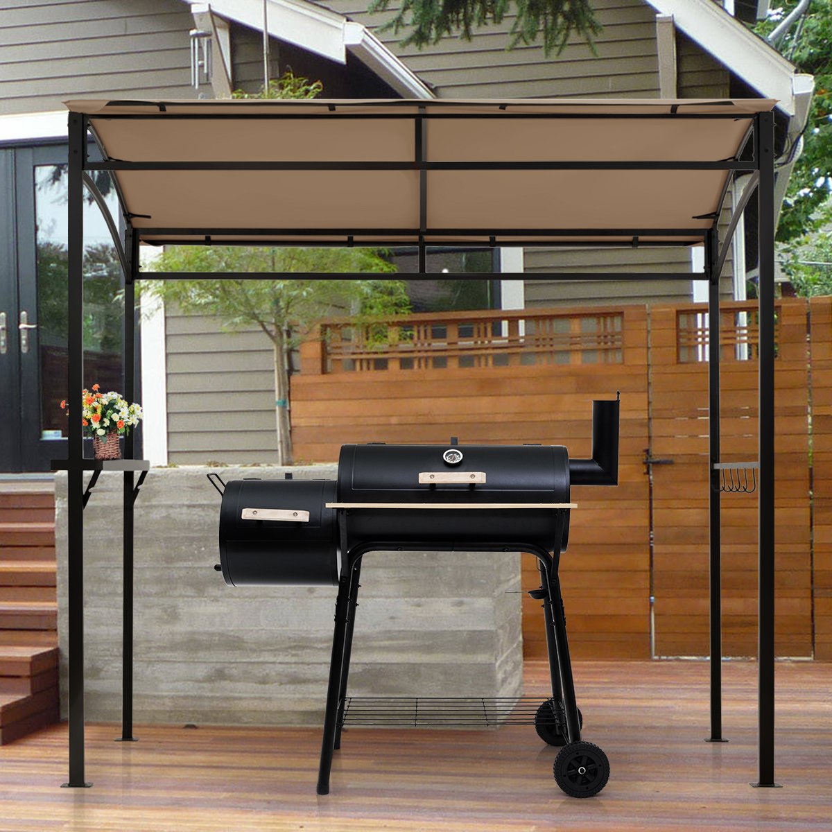 7 Feet Grill Gazebo with Serving Shelf and Storage Hooks-Coffee