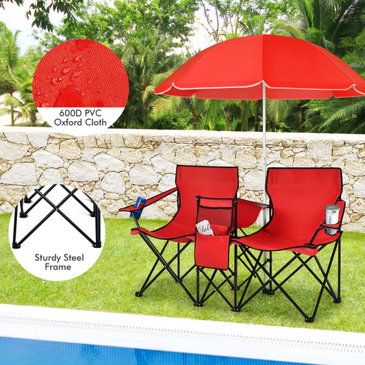 Portable Double Camping Chair with Umbrella & Ice Bag-Red