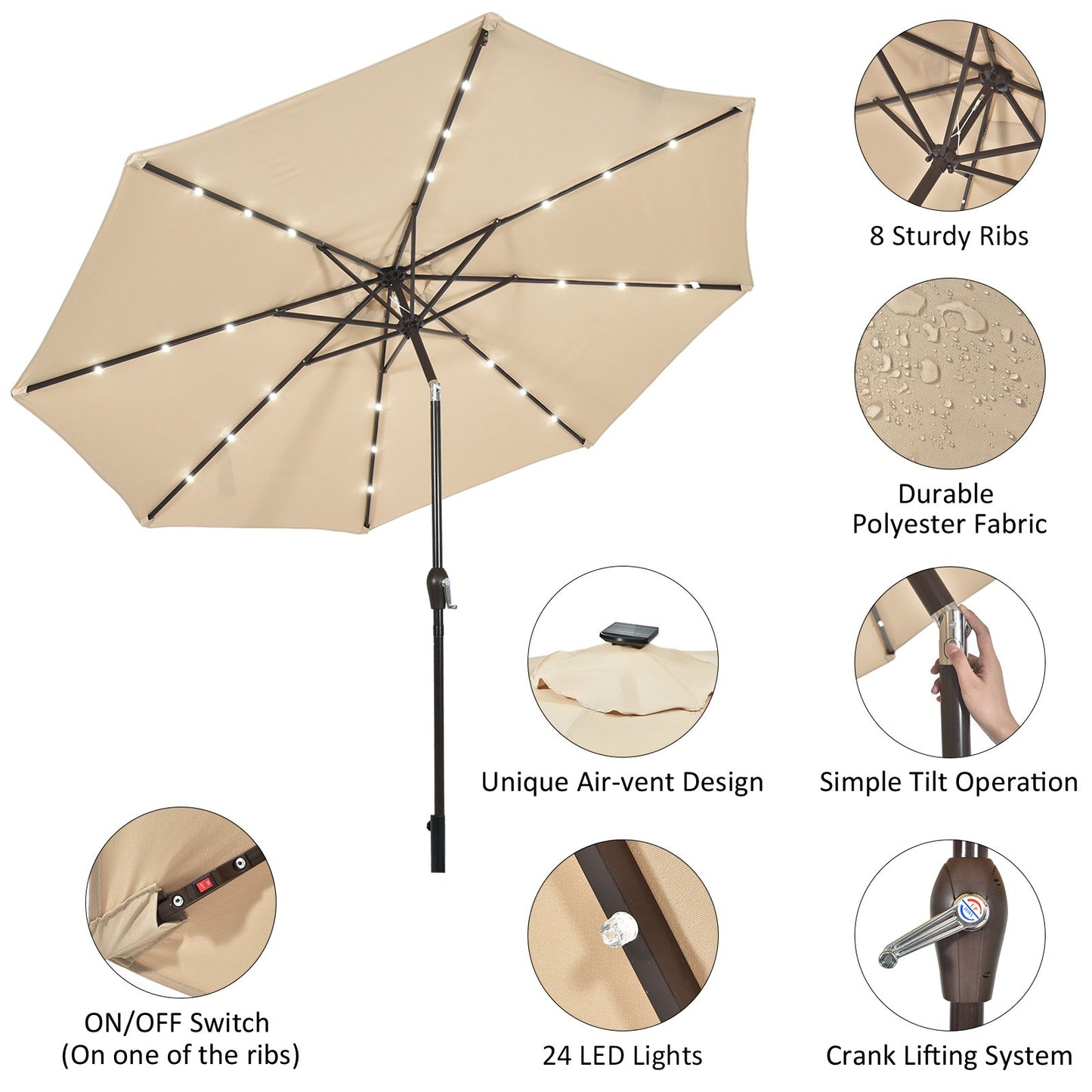 3m Solar Powered LED Lighted Patio Umbrella with Tilt and Crank-Beige