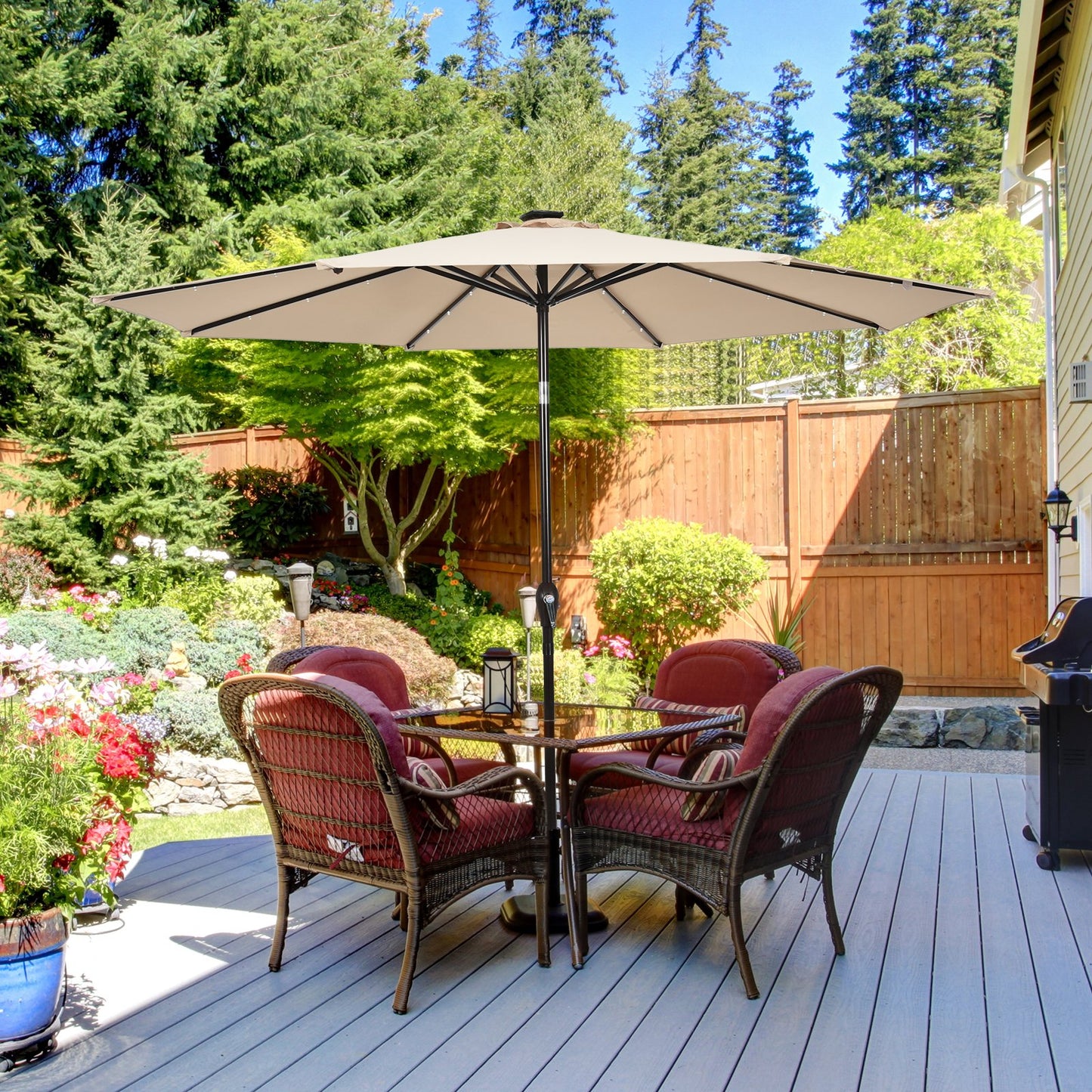 3m Solar Powered LED Lighted Patio Umbrella with Tilt and Crank-Beige