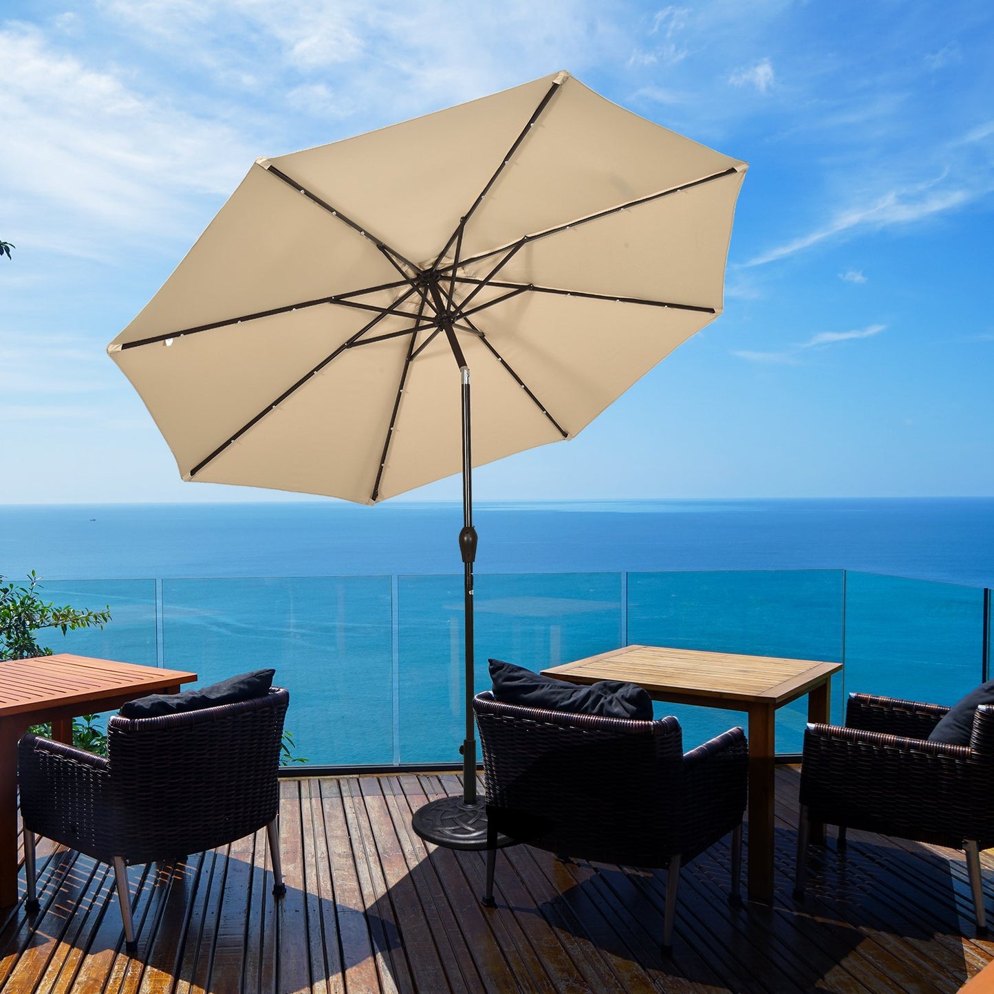 3m Solar Powered LED Lighted Patio Umbrella with Tilt and Crank-Beige