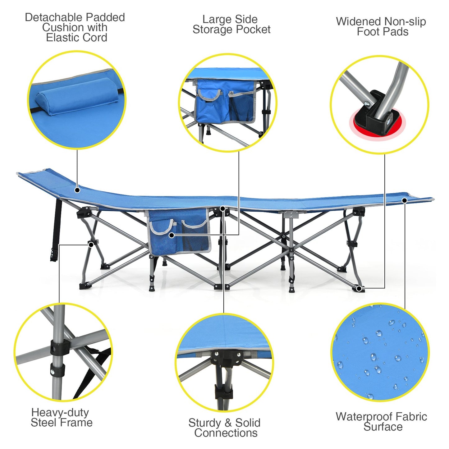 Folding Camping Cot with Detachable Headrest and Side Pocket-Blue