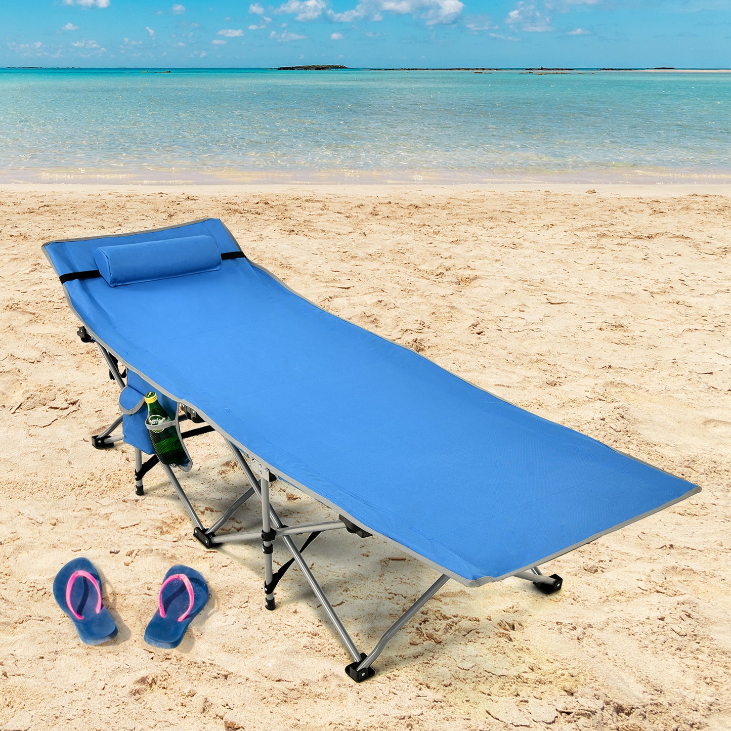 Folding Camping Cot with Detachable Headrest and Side Pocket-Blue