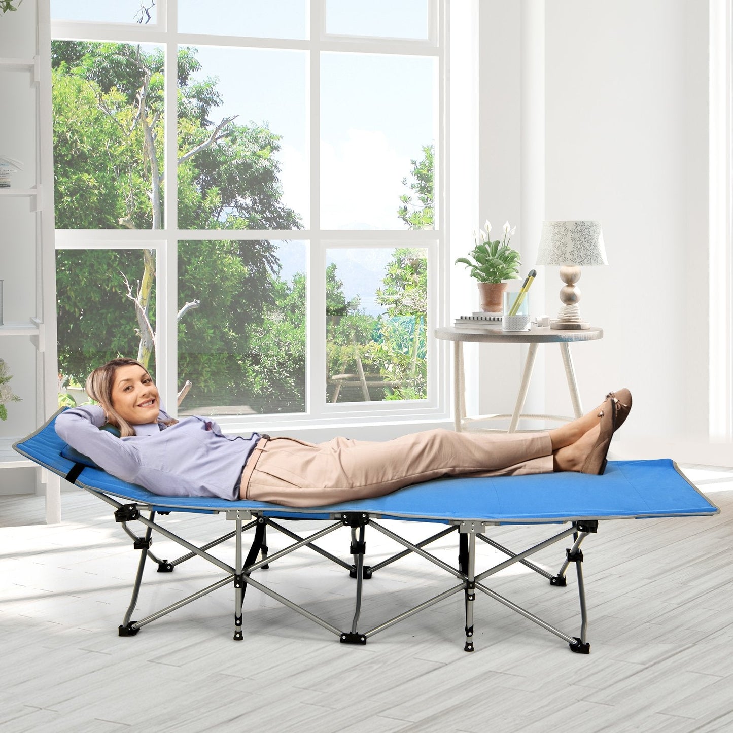 Folding Camping Cot with Detachable Headrest and Side Pocket-Blue