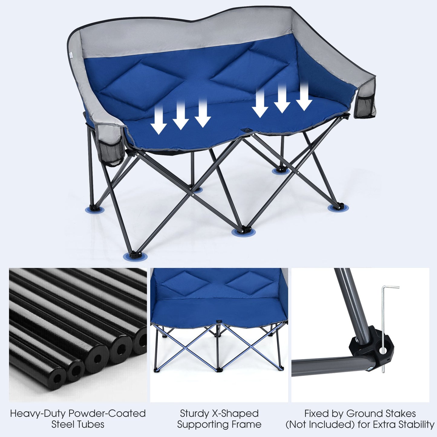 Double Folding Camping Chair with Padded Seat and Storage Pockets-Blue