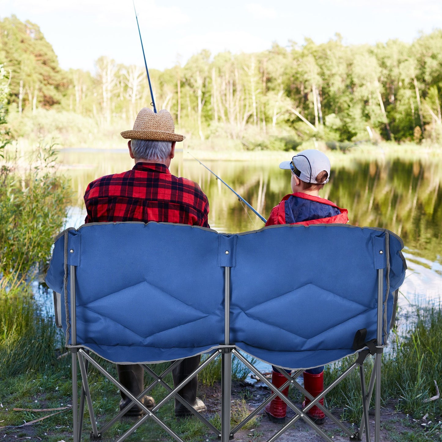 Double Folding Camping Chair with Padded Seat and Storage Pockets-Blue