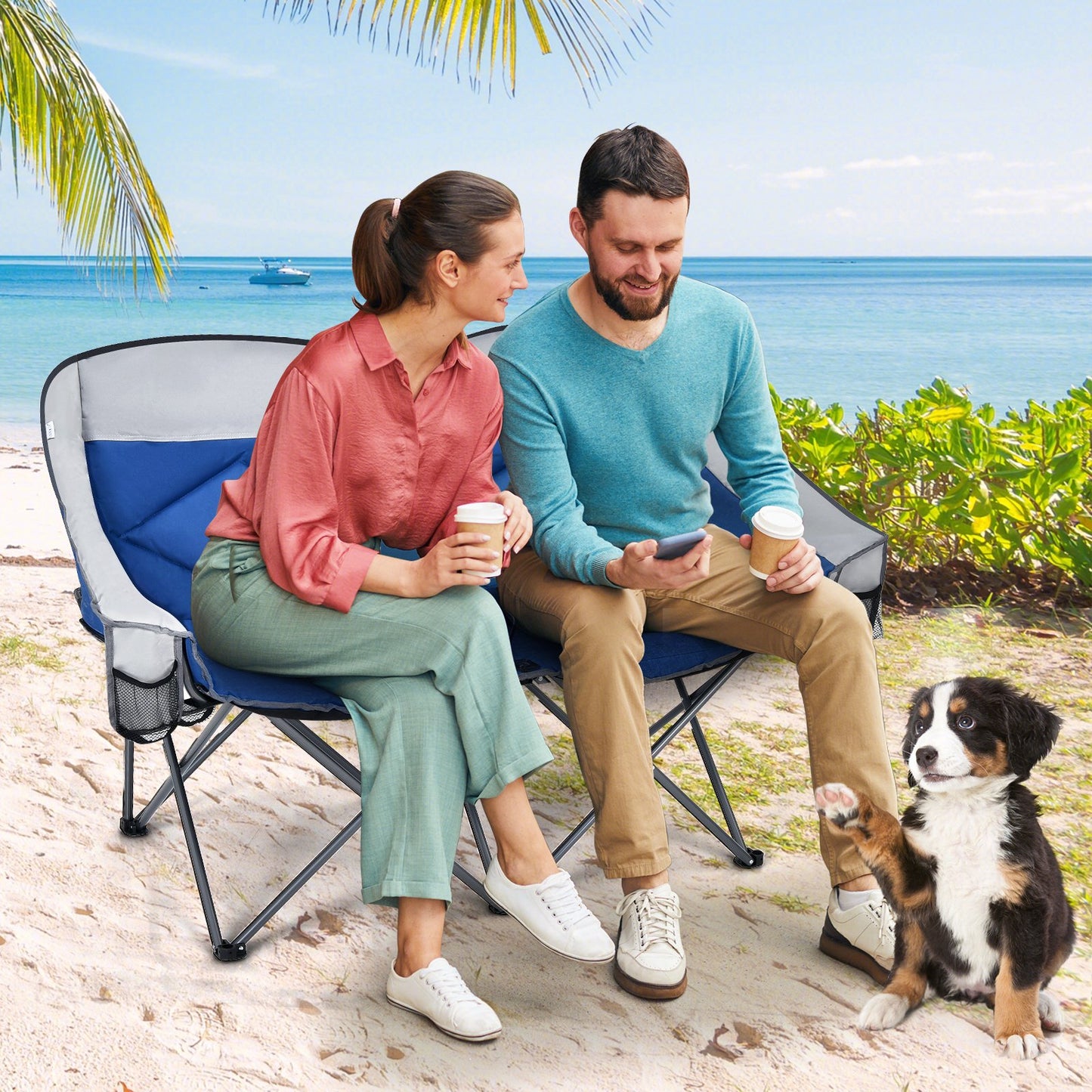 Double Folding Camping Chair with Padded Seat and Storage Pockets-Blue