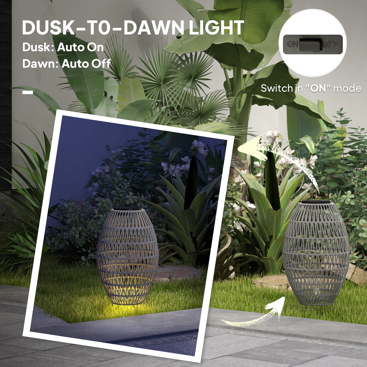 Lampa solarna Outsunny Rattan, ogrodowa lampa solarna z automatycznym włączaniem/wyłączaniem, wodoodporna IP44, dekoracyjna lampa zewnętrzna z rattanu na werandę i ścieżkę, szara