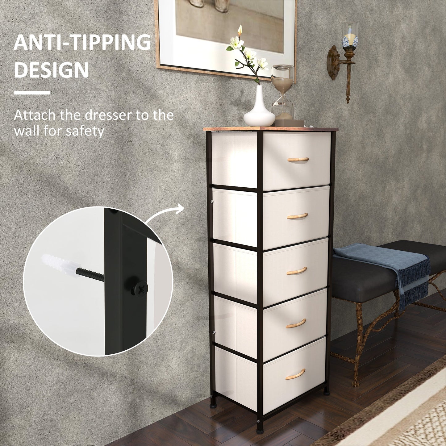 HOMCOM Fabric Chest of Drawers, Industrial Bedroom Dresser with 5 Fabric Drawers, Steel Frame and Wooden Top for Nursery, Living Room, Hallway, Cream White