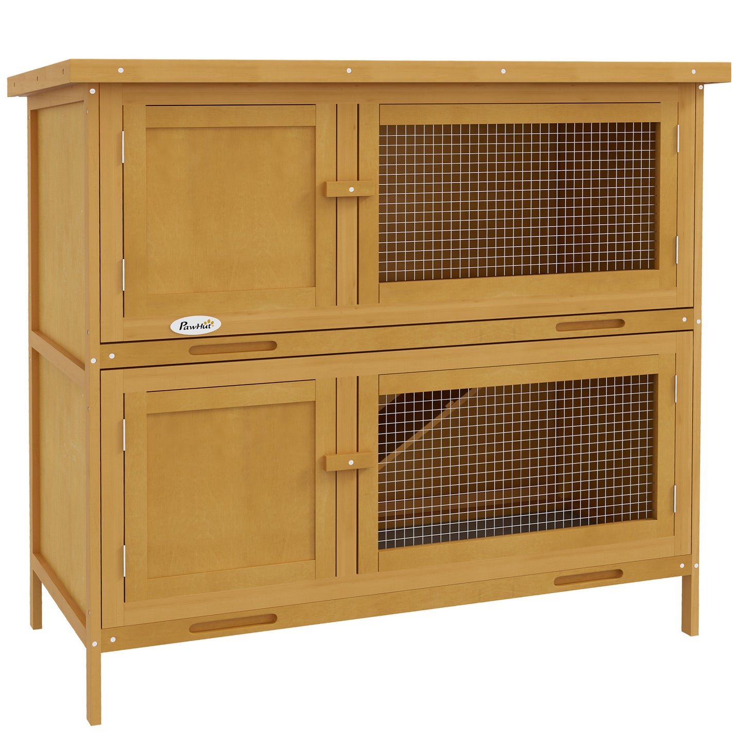 PawHut Double Decker Rabbit Hutch 2 Tier Guinea Pig House Klatka zewnętrzna dla królików z wysuwaną tacką, 97 x 44 x 91 cm, żółta