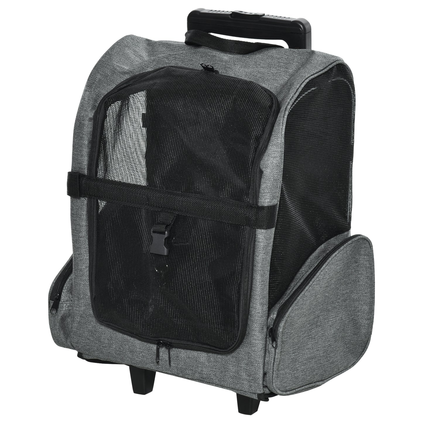 PawHut Pet Travel Backpack Bag Cat Puppy Dog Carrier w/ Trolley and Telescopic Handle Portable Stroller Wheel Luggage Bag (szary)