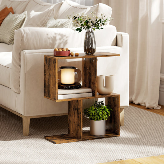 HOMCOM Side Table, Narrow End Table with Storage Shelves, S-Shaped, 3-Tier, 50W x 19.5D x 58H cm, Rustic Brown