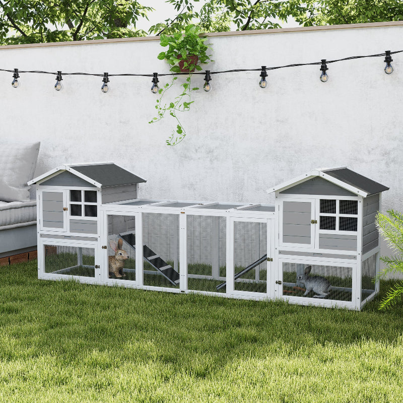 PawHut 2 in 1 Rabbit Hutch Outdoor Guinea Pig Hutch Bunny Run Double Main House with Run, No-Leak Tray 259 x 64 x 92cm, Grey