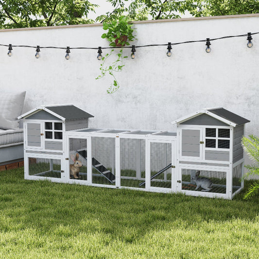 PawHut 2 in 1 Rabbit Hutch Outdoor Guinea Pig Hutch Bunny Run Double Main House with Run, No-Leak Tray 259 x 64 x 92cm, Grey