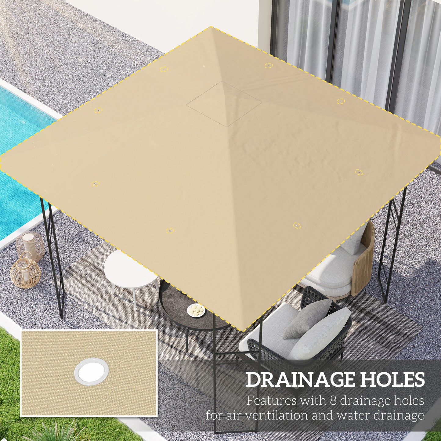 Outsunny 3 x 3(m) Gazebo Canopy Replacement Cover, Garden Gazebo Roof Replacement with Drain Holes, Water Resistant PVC Coating, 370g/√£≈Ω¬°, UPF30+, TOP COVER ONLY, Beige