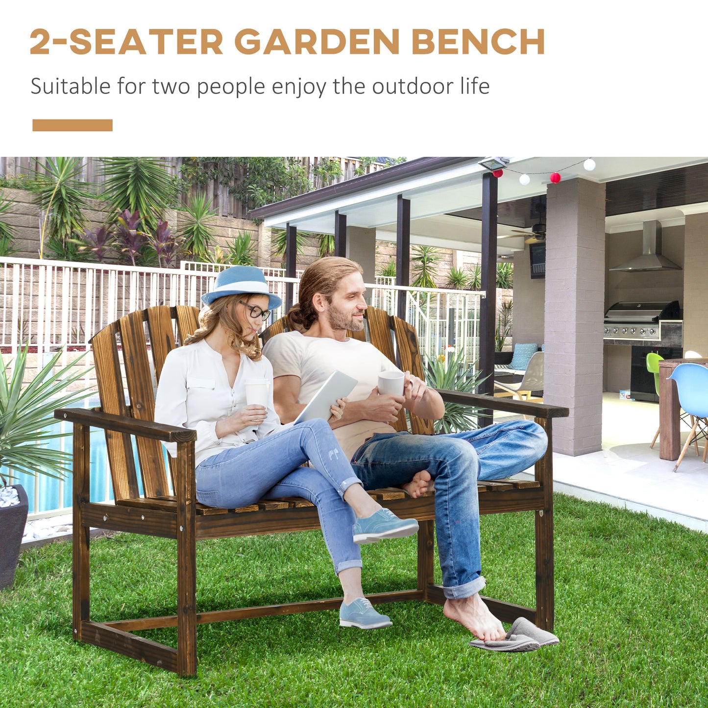 Outsunny Outdoor Drewniana Ławka Ogrodowa, Patio Doubleseat Chair z Listwowym Oparciem i Gładkimi Podłokietnikami dla Dwóch Osób, Do Ogrodu, Trawnika, Werandy, Wykończenie Karbonizowane