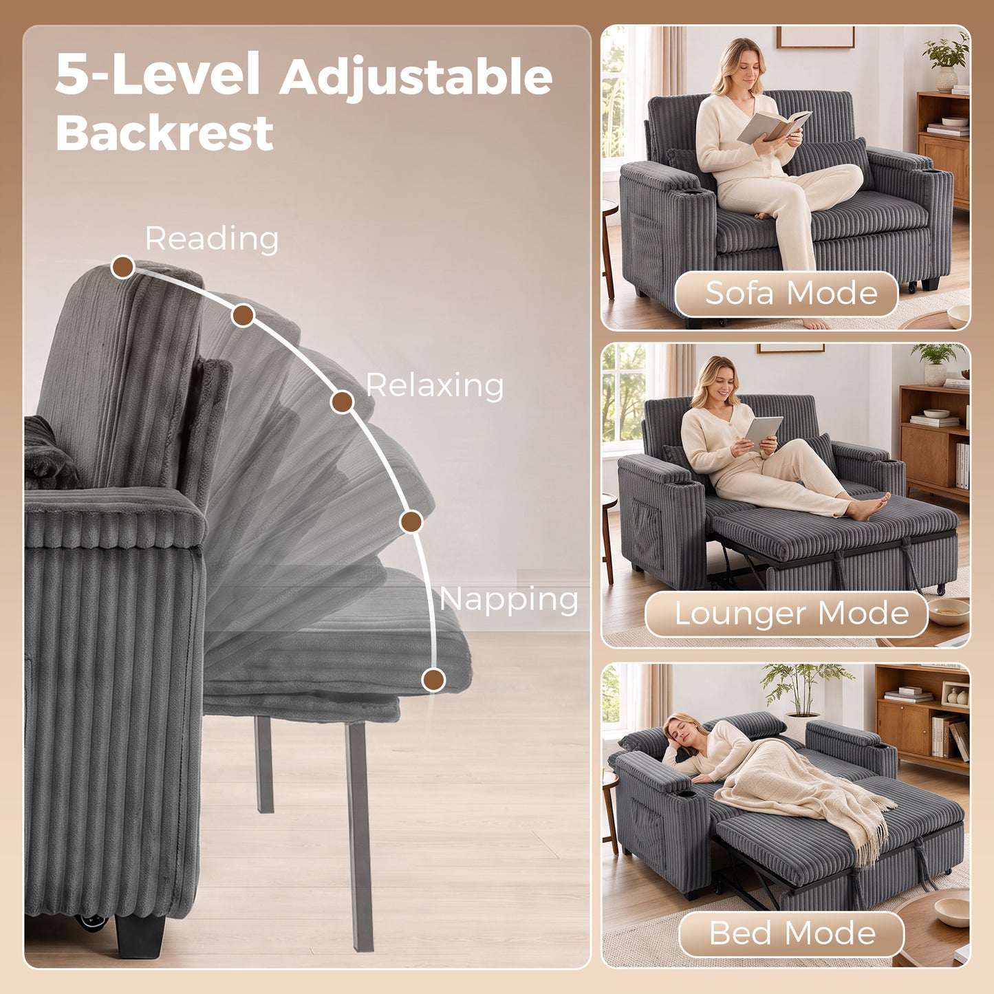 HOMCOM 2 Seater Sofa Bed, Pull Out Sleeper Sofa w/ Adjustable Backrest, Storage Armrests, Cup Holders, Side Pockets, Dark Grey