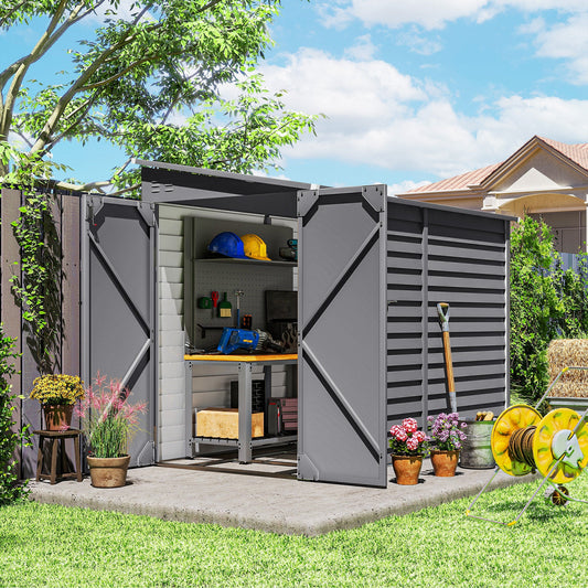 Outsunny 5 x 9ft Galvanised Metal Garden Shed with Foundation Kit, Outdoor Lean-to Shed, Tool Storage House with Lockable Doors, Gloves and 2 Air Vents for Patio, Garden, Grey