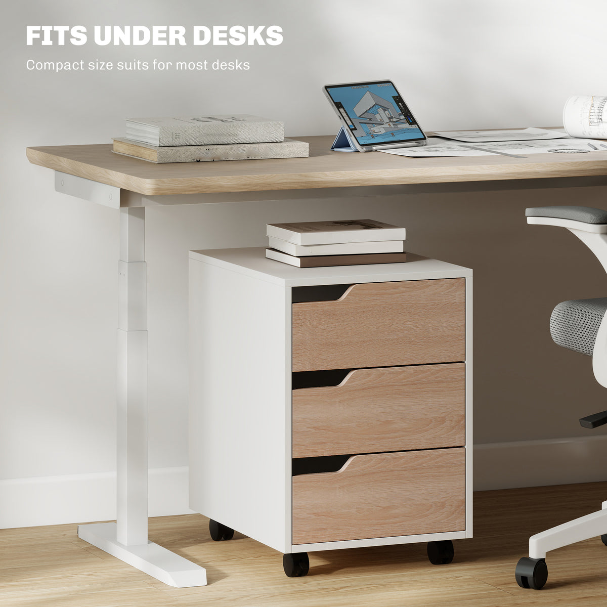 HOMCOM 3 Drawer Mobile File Cabinet, Vertical Filing Cabinet with Wheels for Home Office, Oak