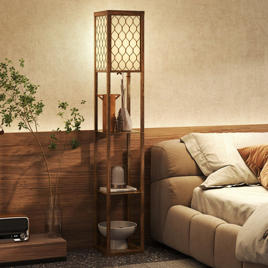 HOMCOM Three-Shelf Standing Lamp - Rustic Brown/White
