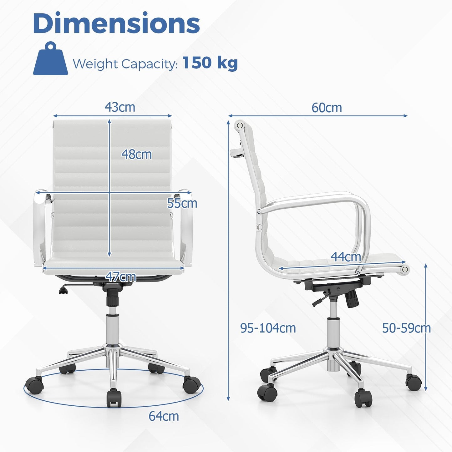 Ribbed Executive Office Chair Adjustable Swivel PU Leather Conference Chair-White