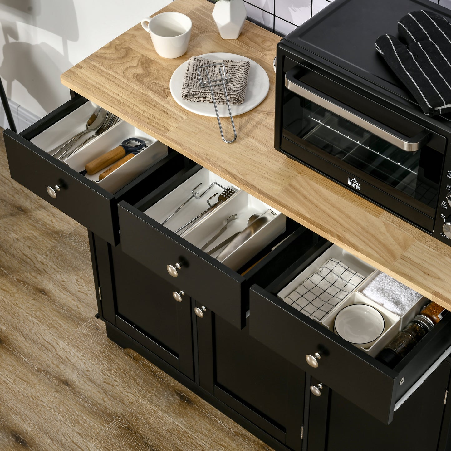 HOMCOM Sideboard with Rubberwood Top and Adjustable Shelves for Dining Room, Kitchen - Black