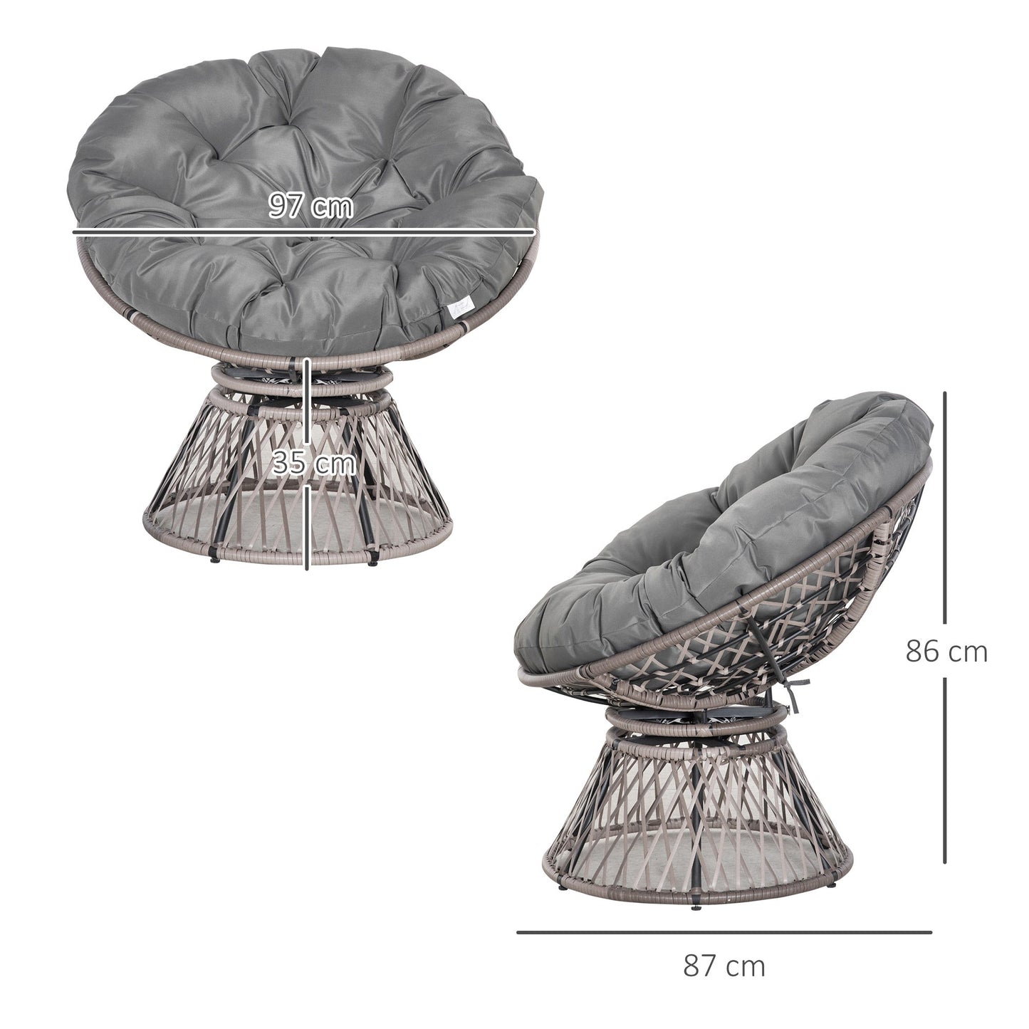 Outsunny 360¡ Swivel Rattan Papasan Moon Bowl Chair Round Lounge Garden Wicker Basket Seat with Padded Cushion Oversized for Outdoor Indoor, Grey