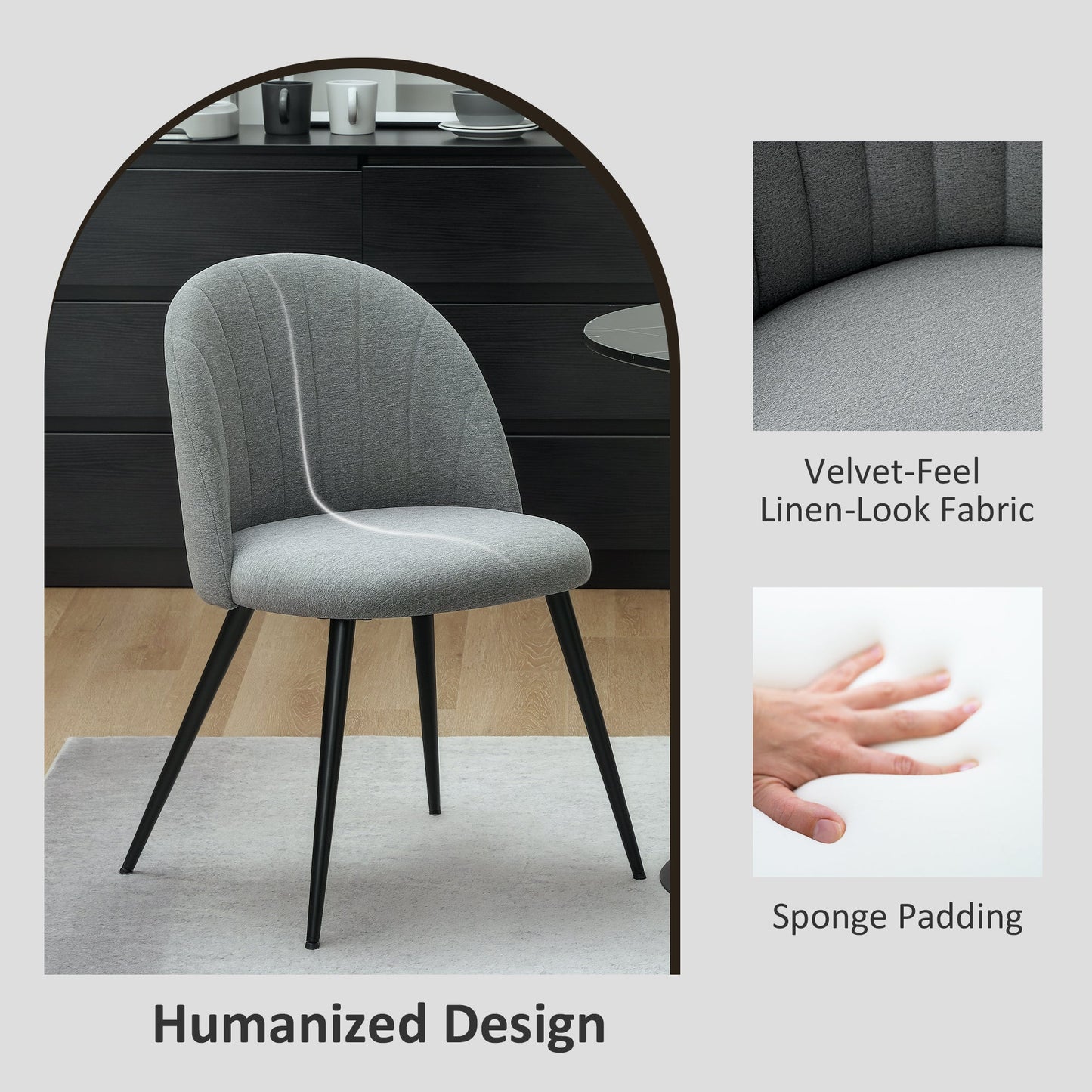 HOMCOM Dining Chairs Set of 2, Modern Upholstered Kitchen Chairs with Metal Legs, Shell Backrest and Padded Seat for Dining Room, Bedroom, Living Room, Vanity, Grey