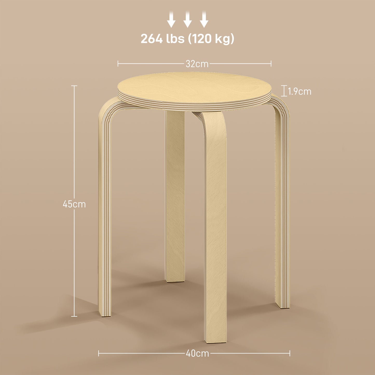 HOMCOM Stackable Stools Set of 4, Modern Stacking Chairs, Round Backless Stools for Kitchen, Dining Room, Office, Outdoors, Nature Wood Finish