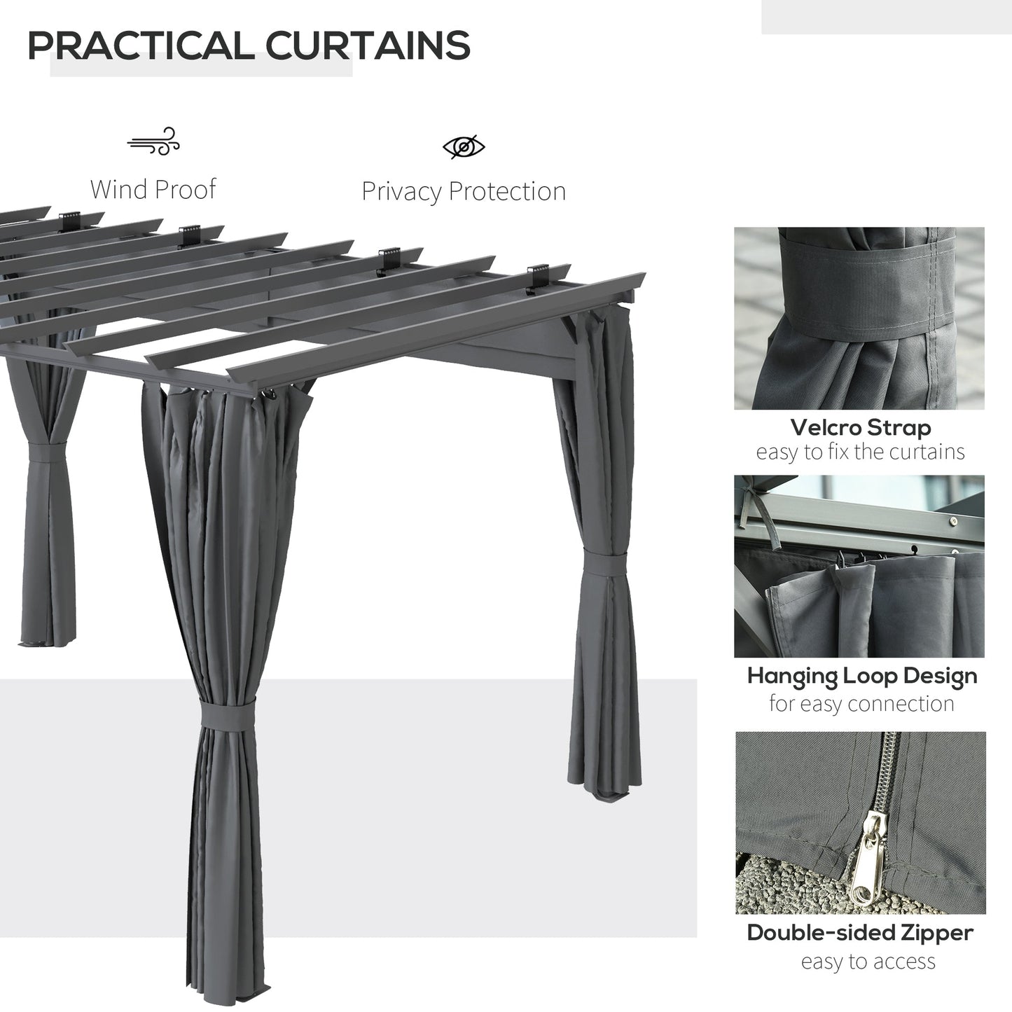 Outsunny 3,6 x 3(m) Pergola zewnętrzna z chowanym dachem i zasłonami, zadaszenie altany ogrodowej z aluminiową ramą, ciemnoszary