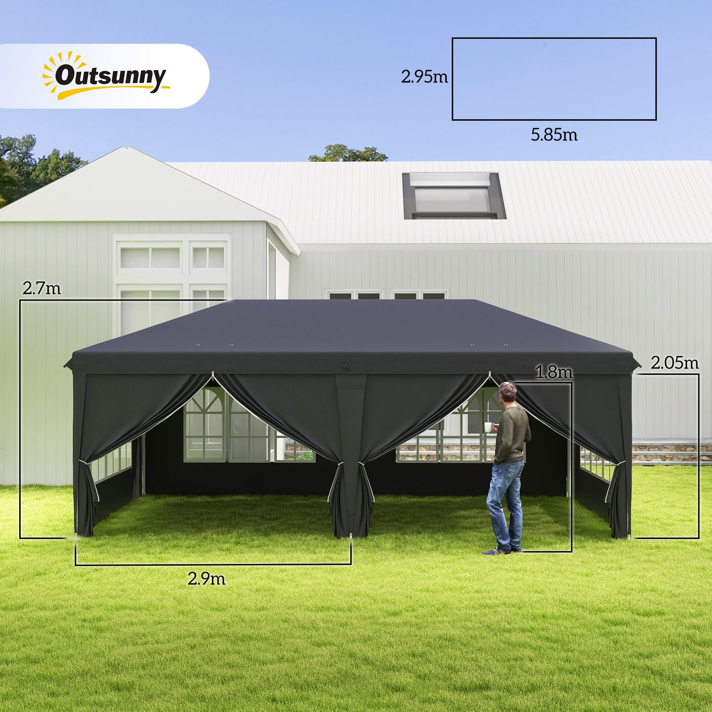 Altana rozkładana Outsunny 3 x 6 m z bokami i oknami, regulowana wysokość, namiot weselny, kempingowy, imprezowy, z torbą do przechowywania, do ogrodu i na imprezy, w kolorze czarnym