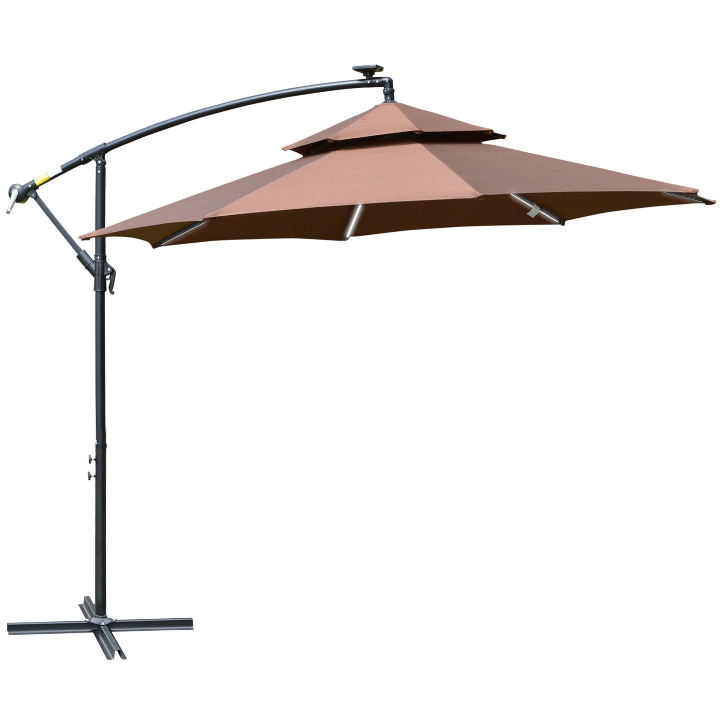 Parasol wiszący Outsunny 3(m) Cantilever Banana z podwójnym dachem, lampami solarnymi LED, korbą, 8 wytrzymałymi żebrami i podstawą krzyżową do użytku na zewnątrz, w ogrodzie, na patio, w kawiarni