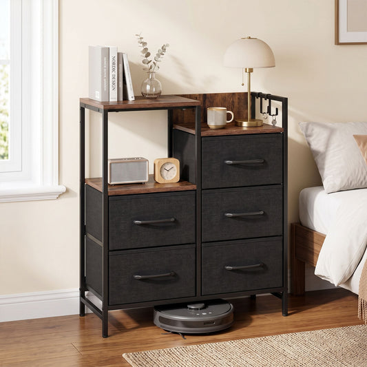 Open Shelves Dresser with 5 Fabric Drawers and 2 Hooks for Bedroom-Rustic Brown