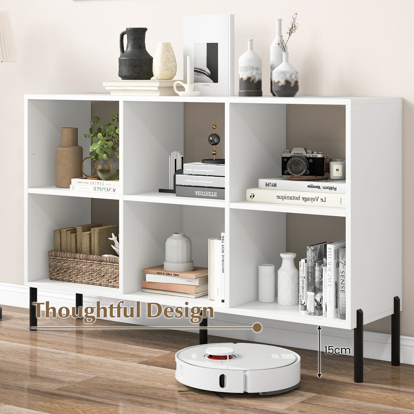 6-Cube Storage Bookcase Wooden Open Bookshelf with 5 Metal Legs-White