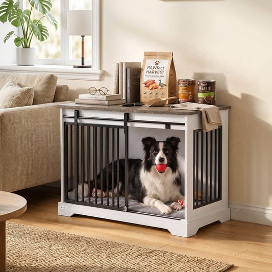PawHut 80 cm Dog Crate Furniture with Sliding Barn Door for Medium Dogs, White