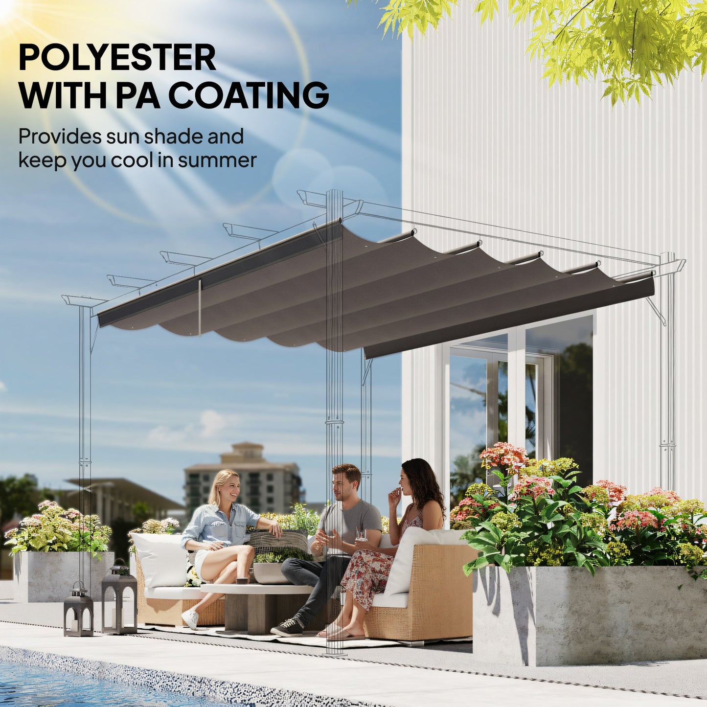 Outsunny Retractable Pergola Cover, 3.5 x 2.6 m Replacement Canopy Fabric for 4 x 3 m Frame, Roof Top Only, Light Grey