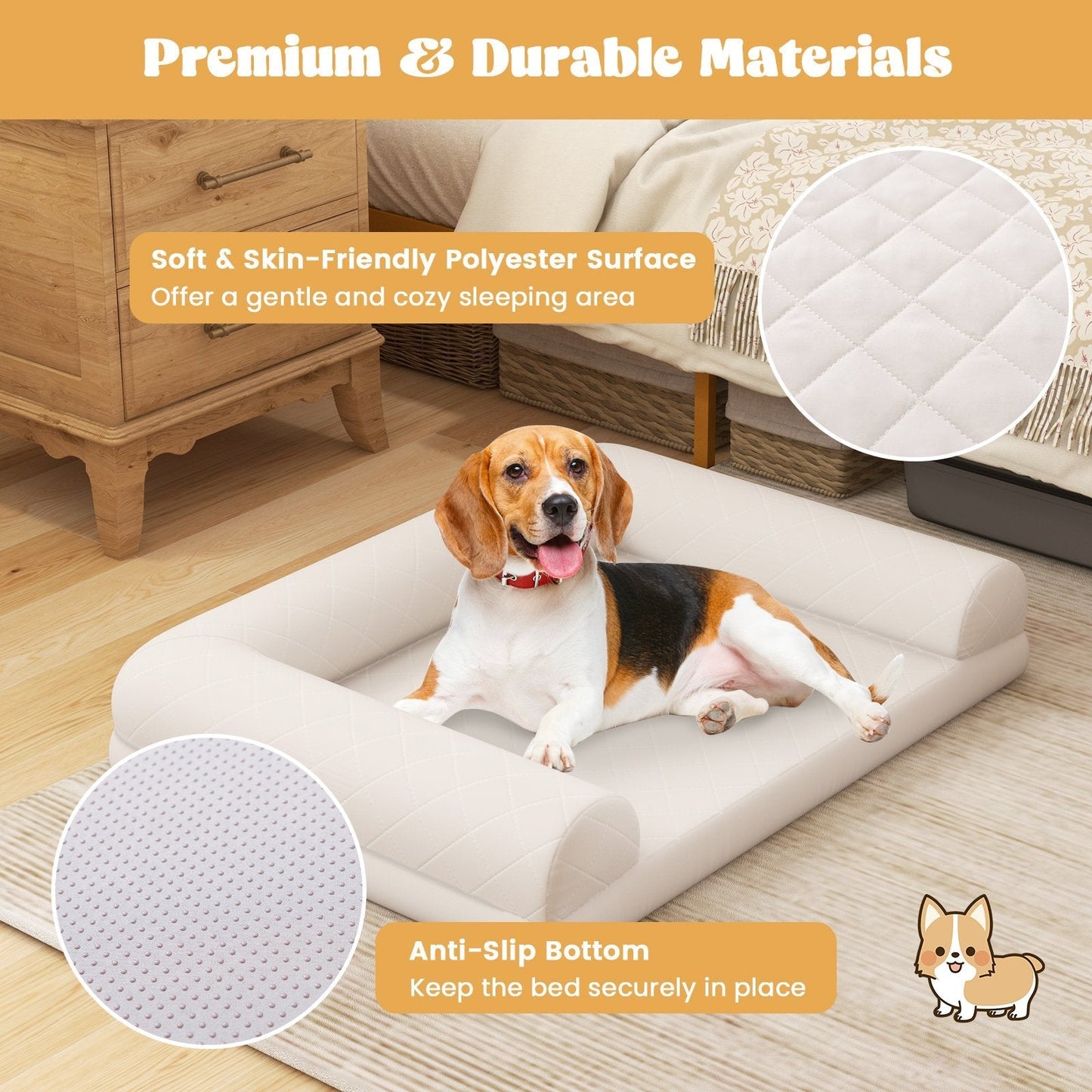 Orthopedic Dog Bed Egg-Foam Dog Crate Bed with 3-Side Bolster-Beige