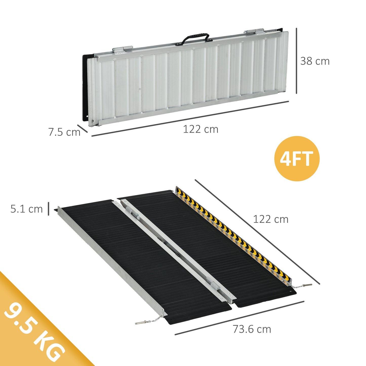 Podjazd dla wózków inwalidzkich HOMCOM, 122L x 73Wcm, udźwig 272KG, składany aluminiowy próg z powierzchnią antypoślizgową, płyty przejściowe powyżej i poniżej do domu, schodów, krawężników, drzwi