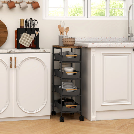 HOMCOM 5-Tier Storage Trolley on Wheels - Black