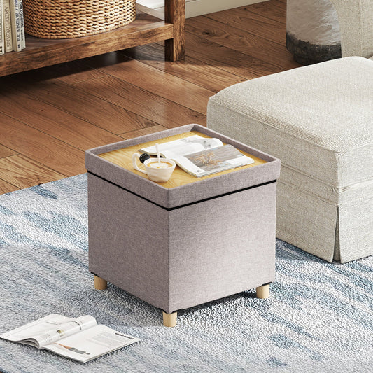 Ottoman with Storage Linen Fabric Footstool with Tray and Rubber Wood Legs-Grey